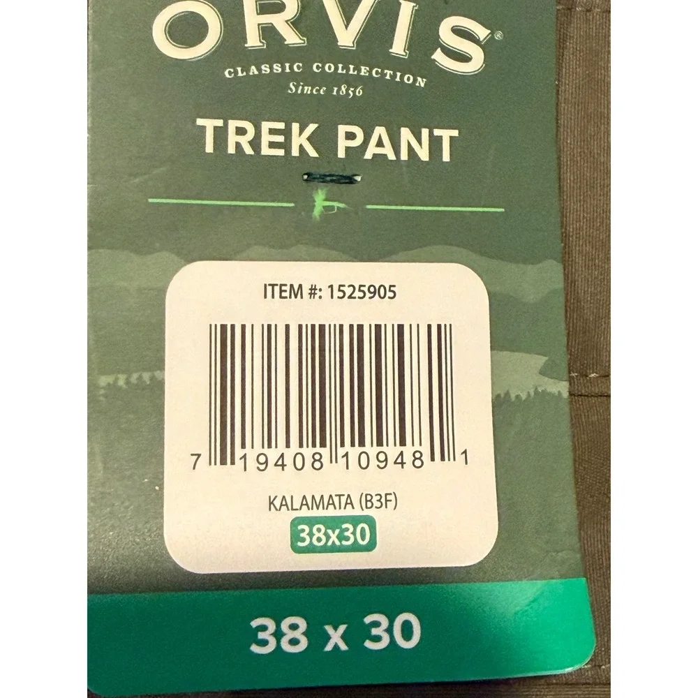 Orvis Trek Pant Men 38x30 Kalamata Green Water Repellent Stretch Hiking Gorpcore